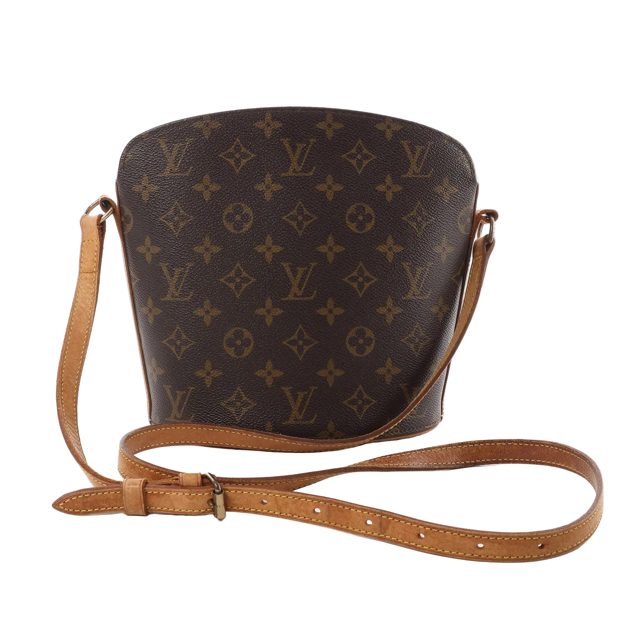 Louis Vuitton Drouot crossbody bag in brown Monogram canvas with adjustable tan leather strap on white background