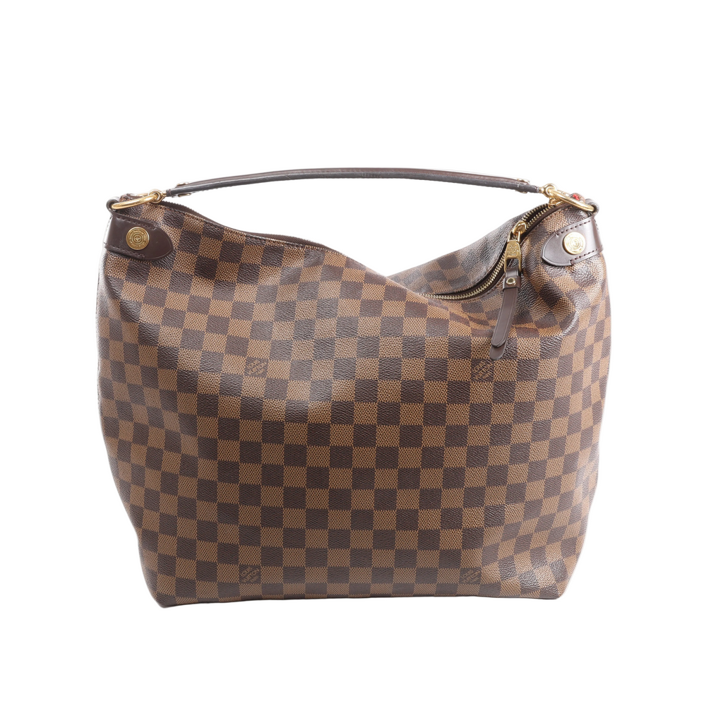 Brown Louis Vuitton Duomo Hobo Damier Ebene shoulder bag with dark handle and trim, gold-tone hardware and zip-top closure.