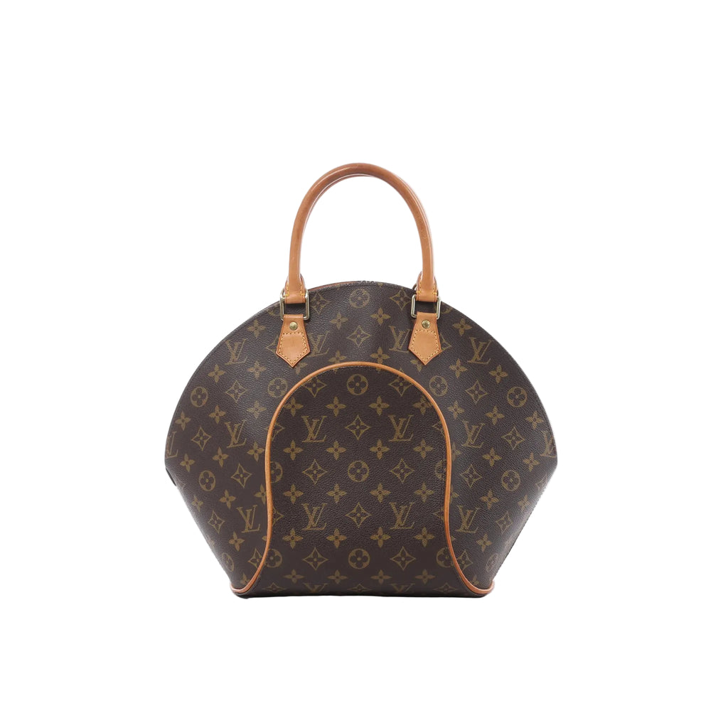Louis Vuitton Ellipse MM handbag in brown Monogram canvas with natural leather rolled top handles, gold-tone hardware and a structured curved silhouette.
