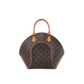 Louis Vuitton Ellipse MM handbag in brown Monogram canvas with natural leather rolled top handles, gold-tone hardware and a structured curved silhouette.