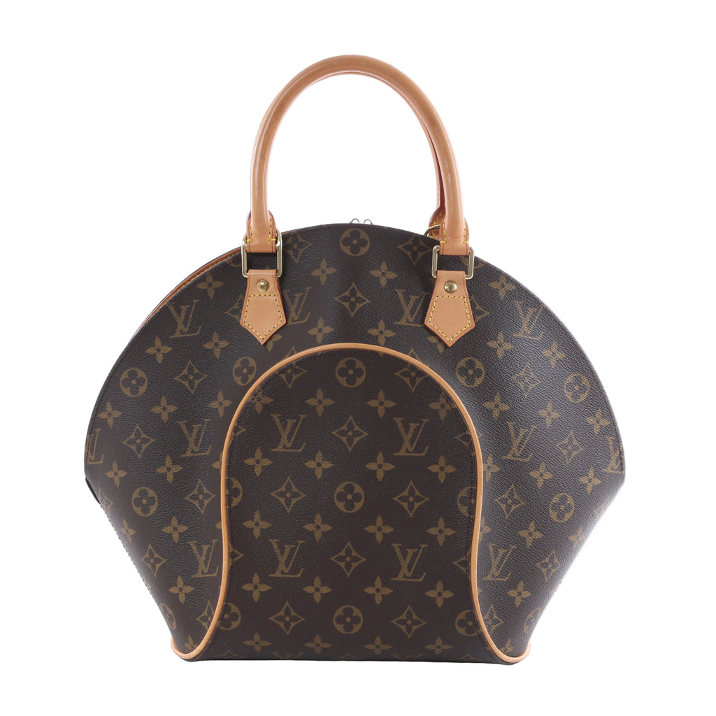 Louis Vuitton Ellipse MM brown Monogram canvas handbag with rounded silhouette, tan leather top handles, curved leather piping and gold-tone hardware.