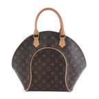 Louis Vuitton Ellipse MM brown Monogram canvas handbag with rounded silhouette, tan leather top handles, curved leather piping and gold-tone hardware.