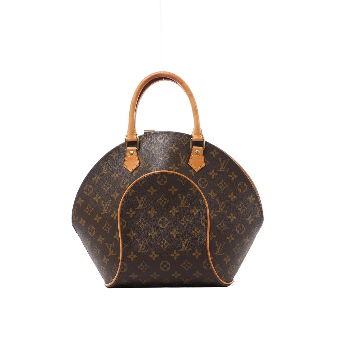 Front view of a brown Louis Vuitton Ellipse MM Monogram handbag with a rounded silhouette, tan leather top handles and curved leather piping.