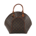 Louis Vuitton Ellipse MM handbag in brown Monogram canvas with curved shape, tan leather top handles, and zip-top closure on white background