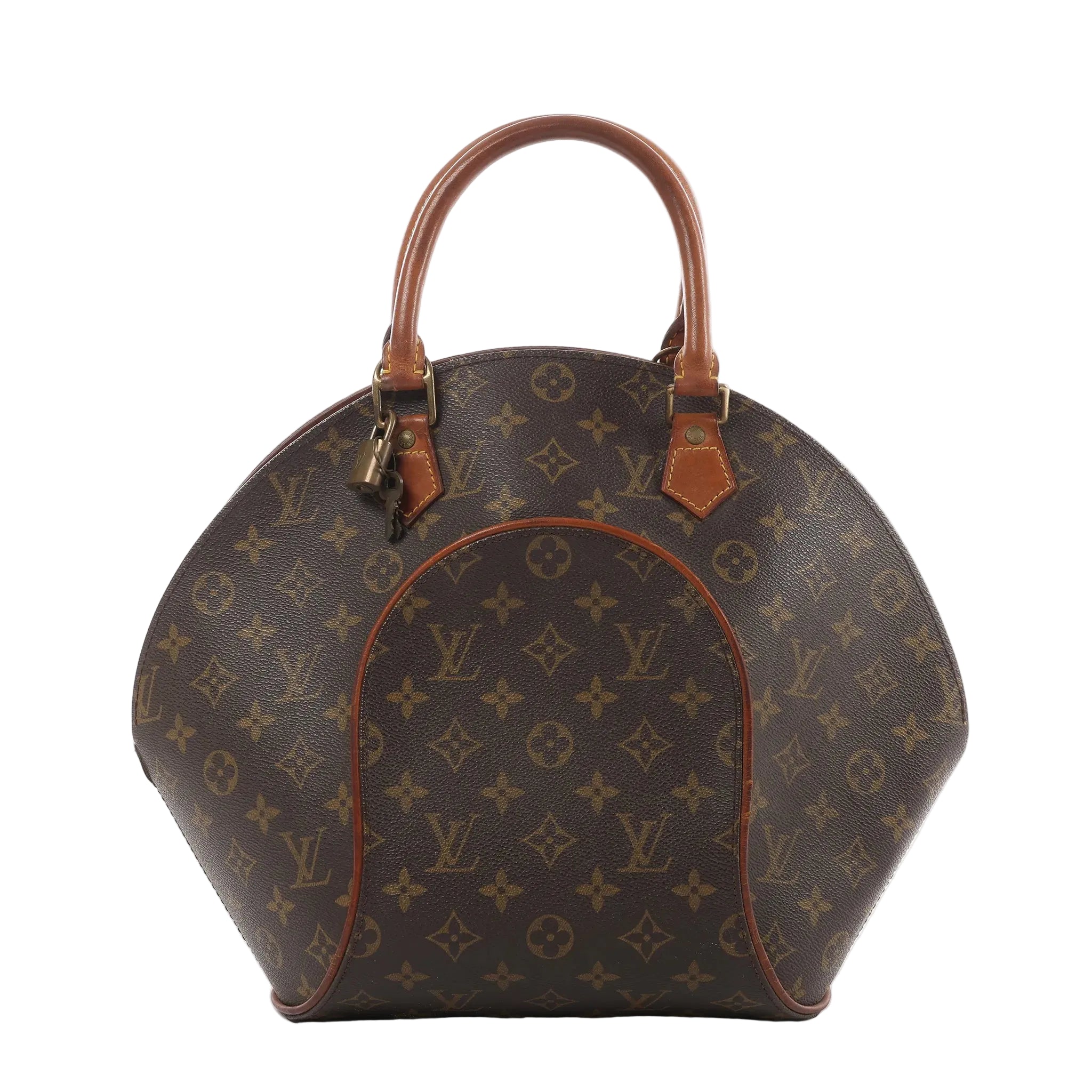 Louis Vuitton Ellipse MM handbag in brown Monogram canvas with curved shape, tan leather top handles, and zip-top closure on white background