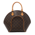 Brown Louis Vuitton Ellipse MM Monogram canvas handbag with curved dome silhouette, tan leather handles and gold-tone hardware.