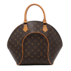 Brown Louis Vuitton Ellipse MM Monogram canvas handbag with curved dome silhouette, tan leather handles and gold-tone hardware.