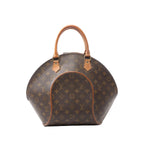 Louis Vuitton Ellipse MM brown Monogram canvas handbag with a rounded dome shape, vachetta leather top handles, and vachetta trim outlining the front panel, shown on a white background.
