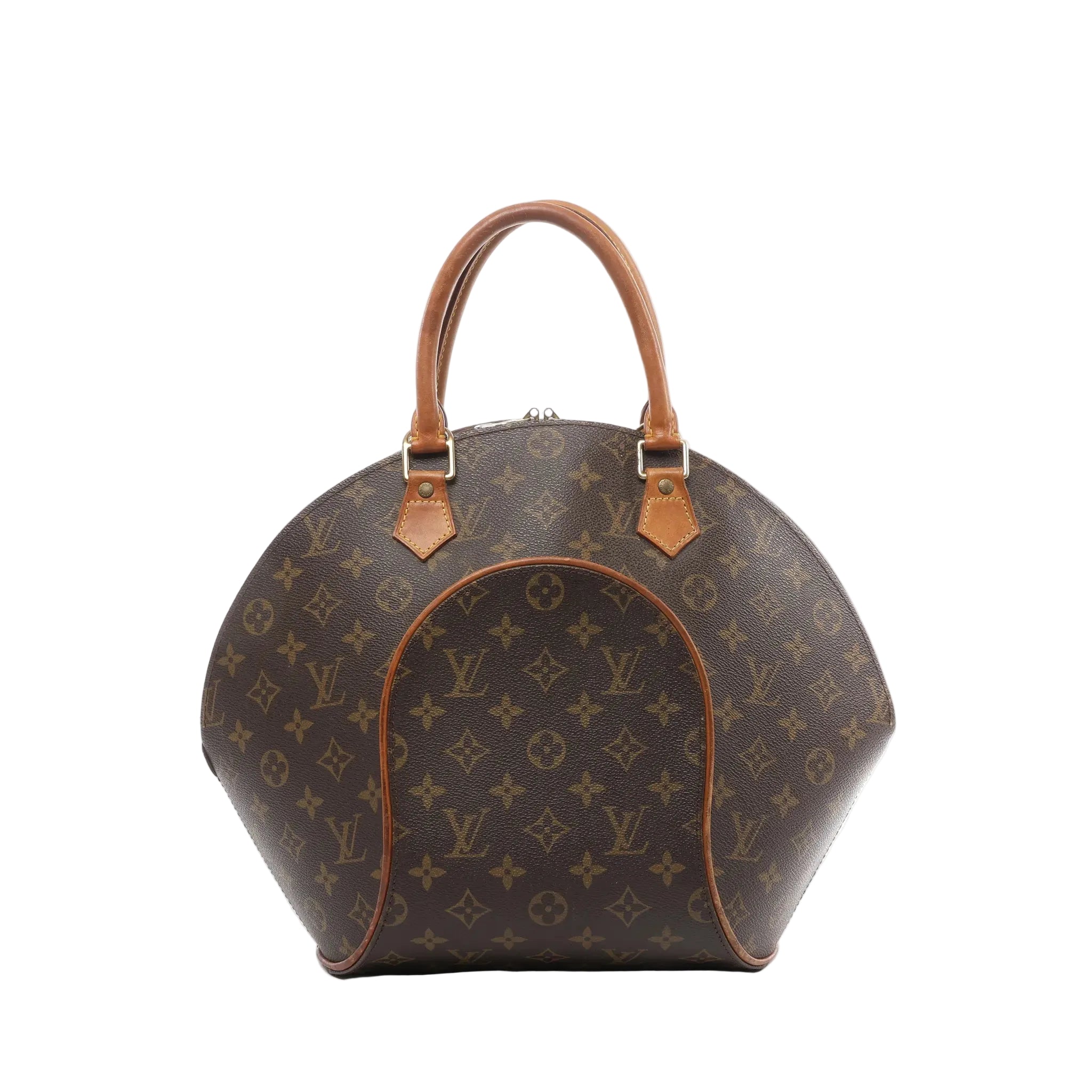 Louis Vuitton Ellipse MM handbag in brown Monogram coated canvas with natural cowhide leather rolled handles, curved structured shape, and gold-tone hardware on a white background.