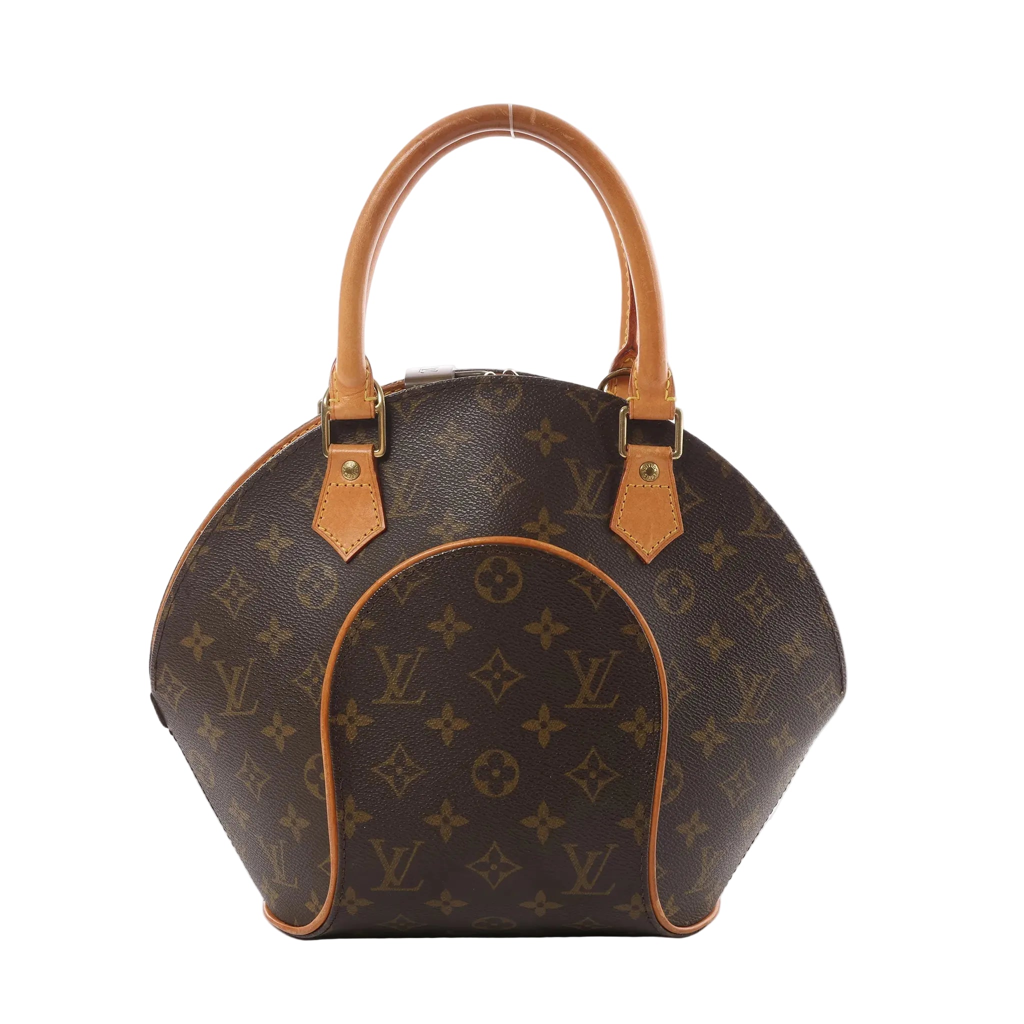 Louis Vuitton Ellipse PM handbag in brown Monogram canvas with tan leather top handle and gold-tone hardware, front view on white background.