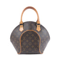 Louis Vuitton Ellipse PM brown Monogram handbag with rounded dome shape, tan leather top handles and matching leather trim.