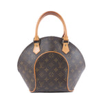 Louis Vuitton Ellipse PM brown Monogram handbag with rounded dome shape, tan leather top handles and matching leather trim.