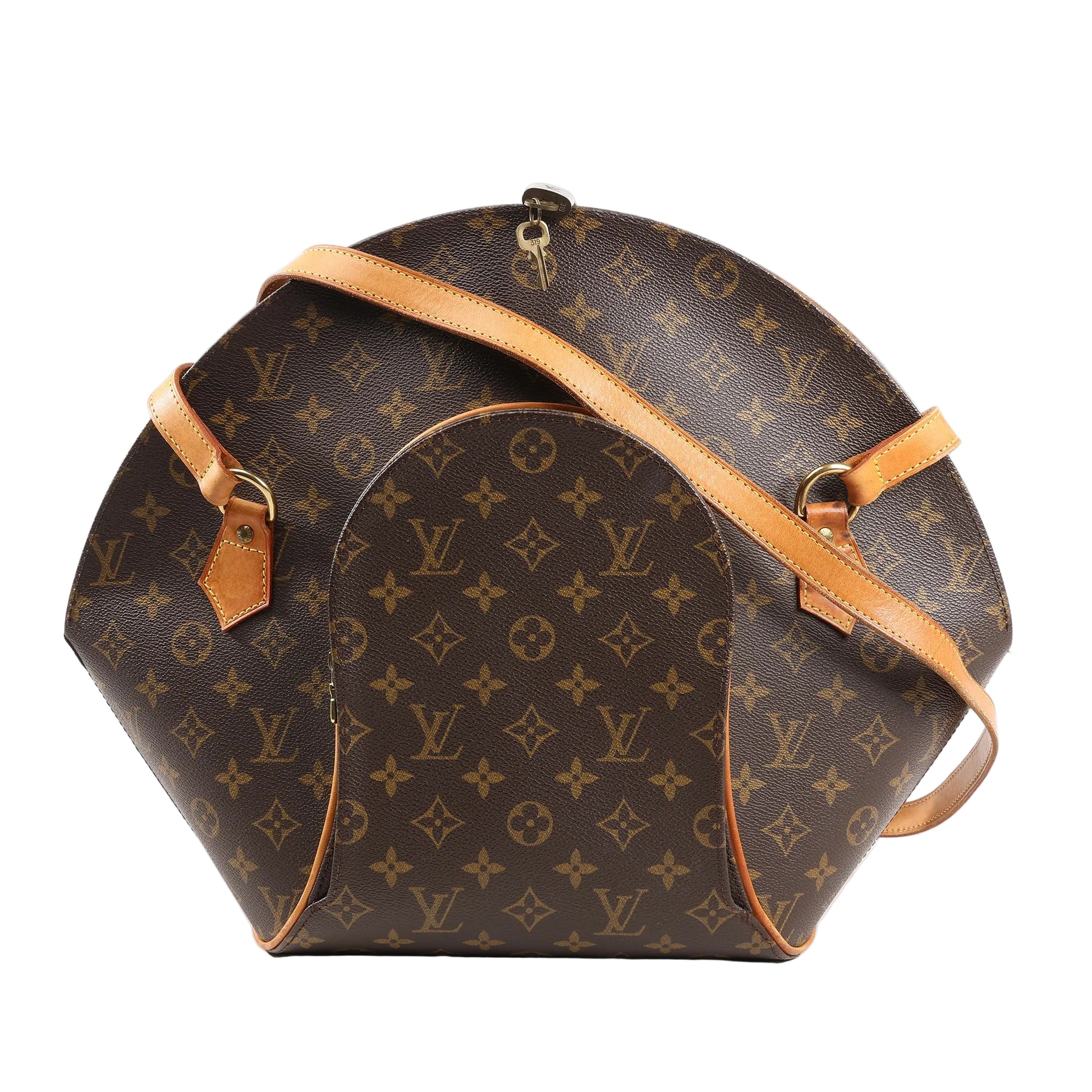 Louis Vuitton Ellipse Shoulder Bag in brown Monogram Canvas featuring a unique curved structure, natural leather trim, adjustable shoulder strap, and gold-tone hardware. Model M51128.