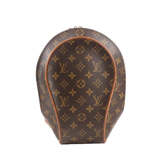 Louis Vuitton Monogram Canvas Ellipse Backpack in brown featuring a rounded, structured shape with classic LV monogram print and natural leather piping. Model M51125.