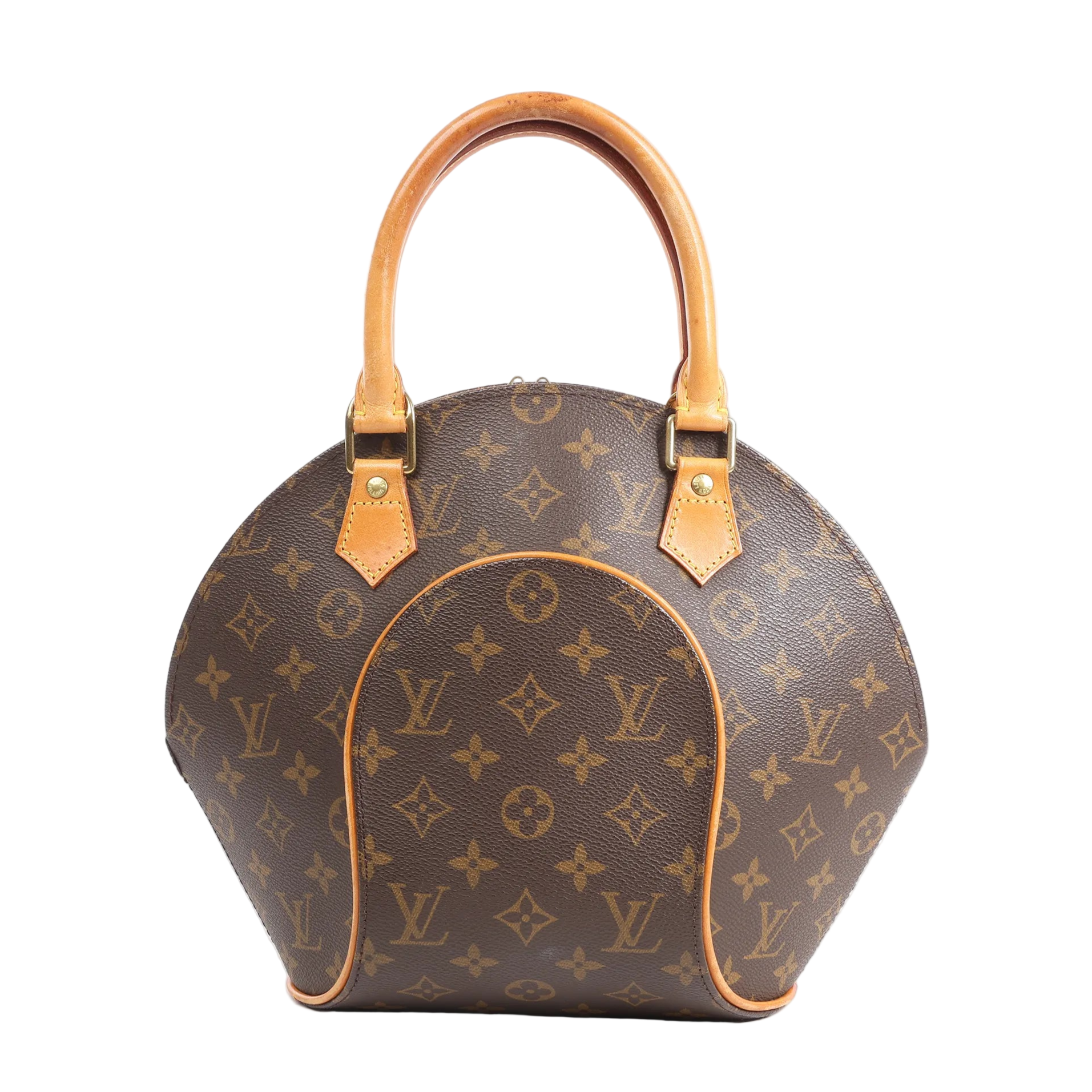 Louis Vuitton Ellipse PM handbag M51127 in classic brown monogram canvas with tan leather trim, dual rolled handles, and structured round shape against a white background.