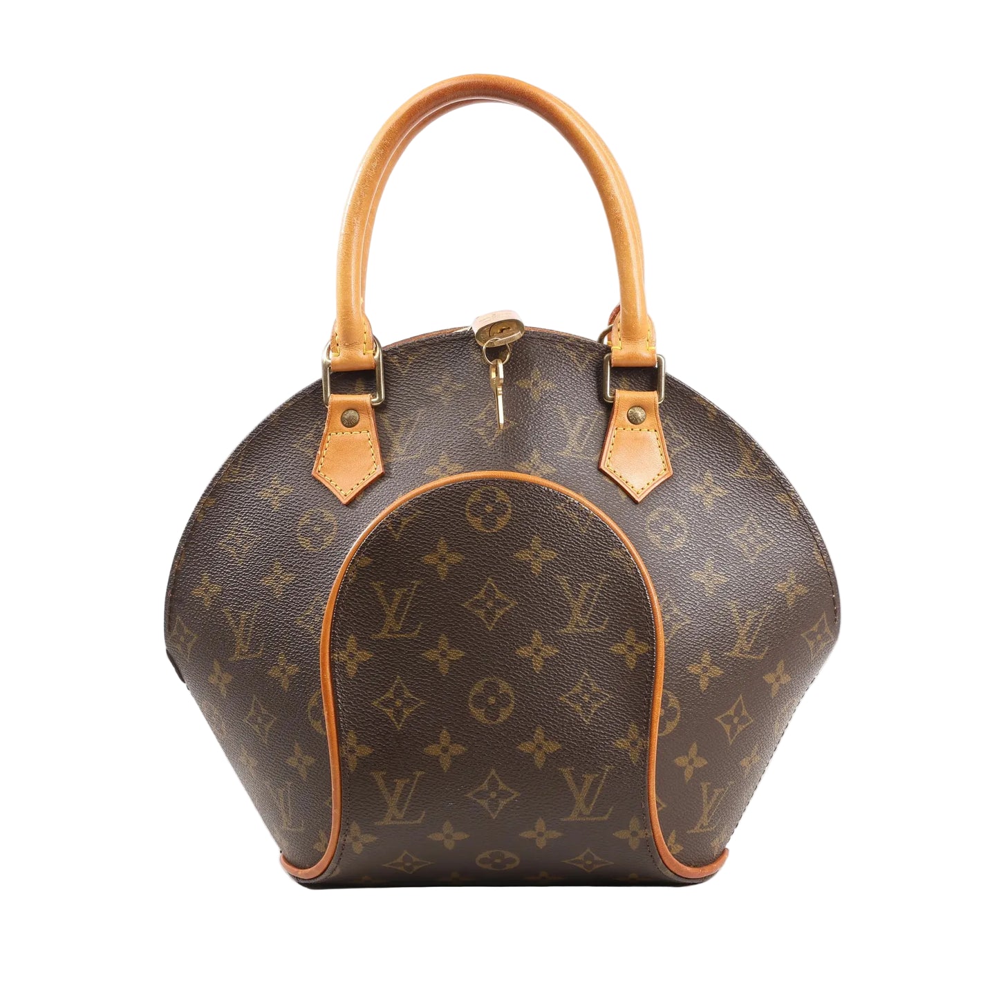Louis Vuitton Ellipse PM handbag in classic brown Monogram canvas with natural leather top handles, structured curved shape, gold-tone hardware, and front piping detailing.