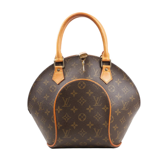 Louis Vuitton Ellipse PM handbag in classic brown Monogram canvas with natural leather top handles, structured curved shape, gold-tone hardware, and front piping detailing.