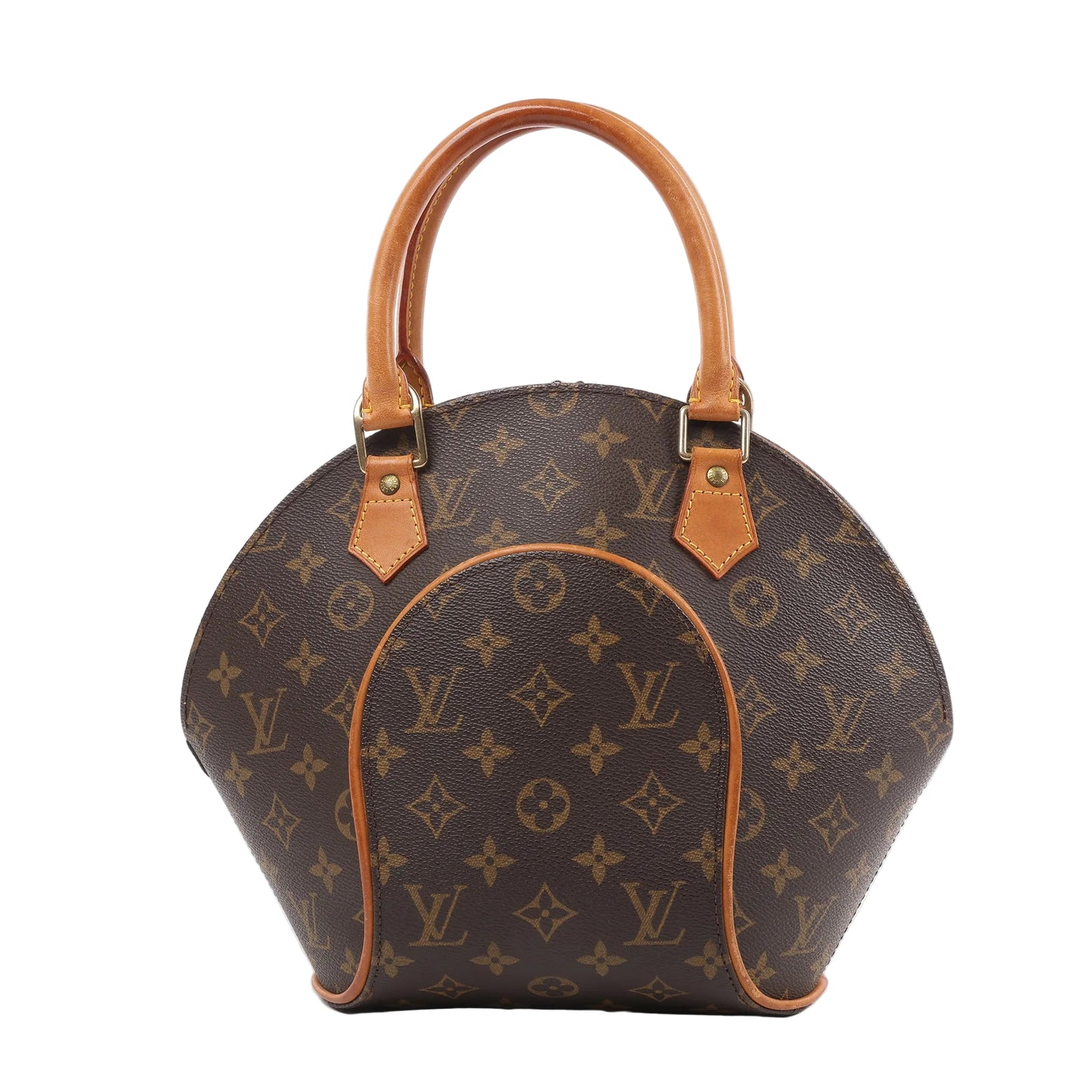 Louis Vuitton Ellipse PM handbag M51127 in brown monogram canvas with tan leather trim, dual rolled handles, and structured round silhouette against a white background.