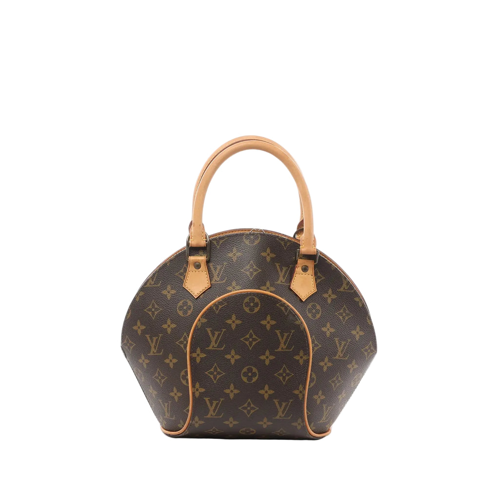 Louis Vuitton Monogram canvas Ellipse PM handbag with curved dome shape, tan leather top handles, and vachetta leather trim on a white background.