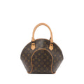 Louis Vuitton Monogram canvas Ellipse PM handbag with curved dome shape, tan leather top handles, and vachetta leather trim on a white background.