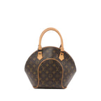 Louis Vuitton Monogram canvas Ellipse PM handbag with curved dome shape, tan leather top handles, and vachetta leather trim on a white background.