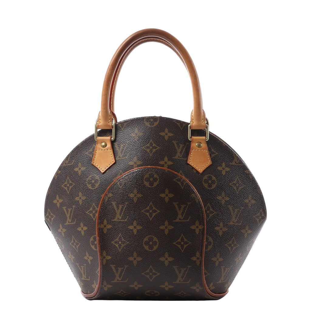 Louis Vuitton Ellipse PM handbag in brown Monogram canvas with rounded tan leather handles, gold-tone hardware and a sculptural oval shape.
