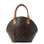 Louis Vuitton Ellipse PM handbag in brown Monogram canvas with rounded tan leather handles, gold-tone hardware and a sculptural oval shape.