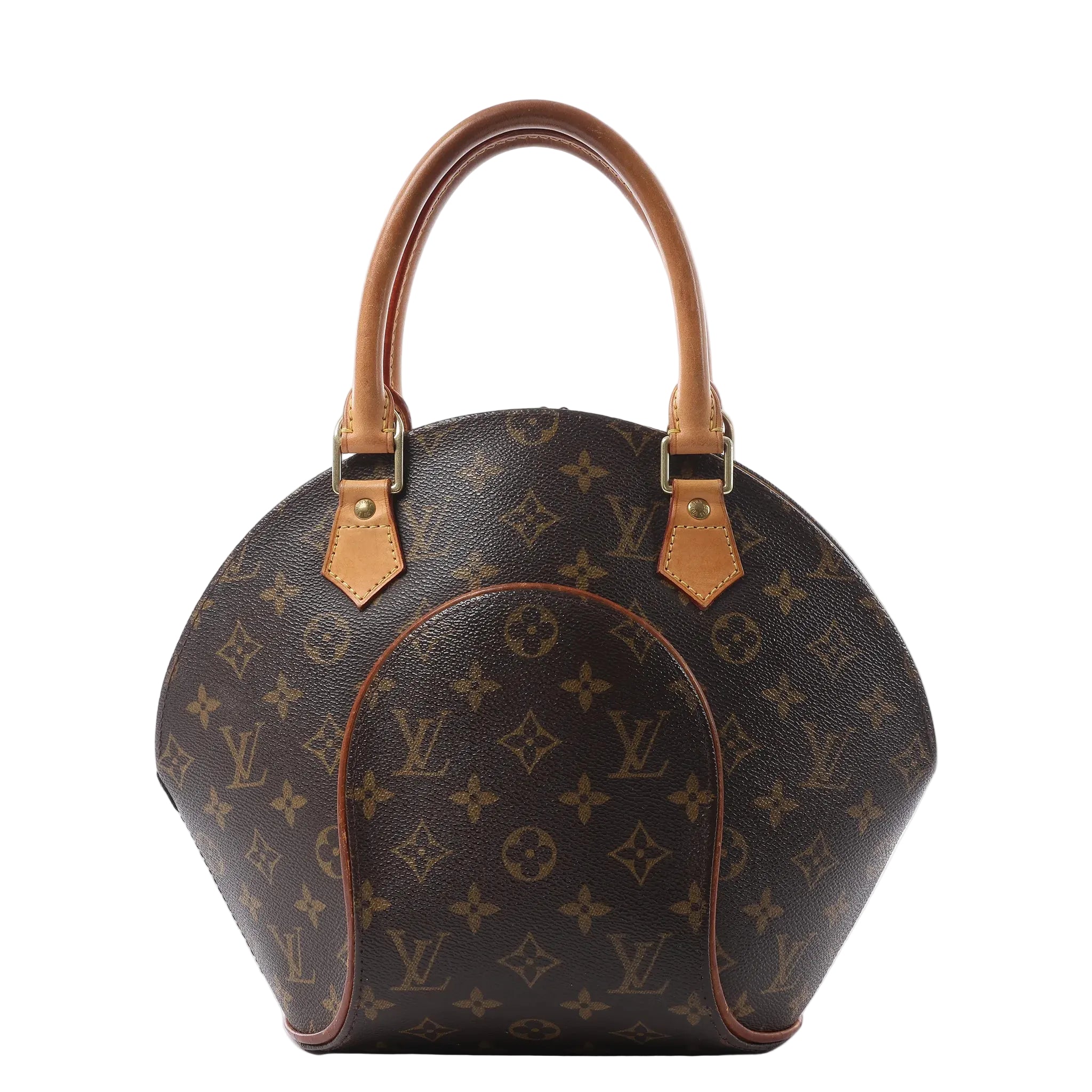 Louis Vuitton Ellipse PM handbag in brown Monogram canvas with rounded tan leather handles, gold-tone hardware and a sculptural oval shape.