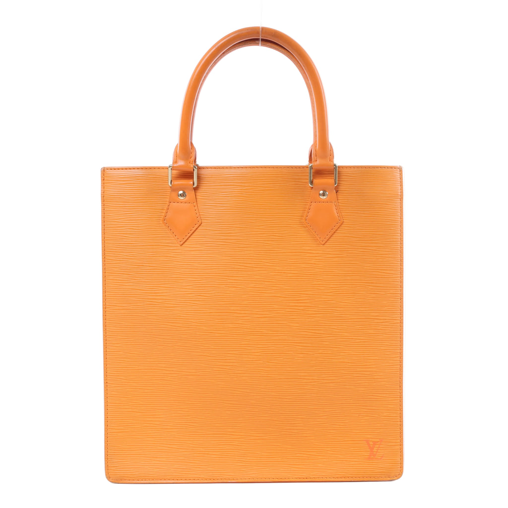 Louis Vuitton Sac Plat PM orange Epi leather handbag with structured rectangular shape, two top handles and gold-tone hardware.