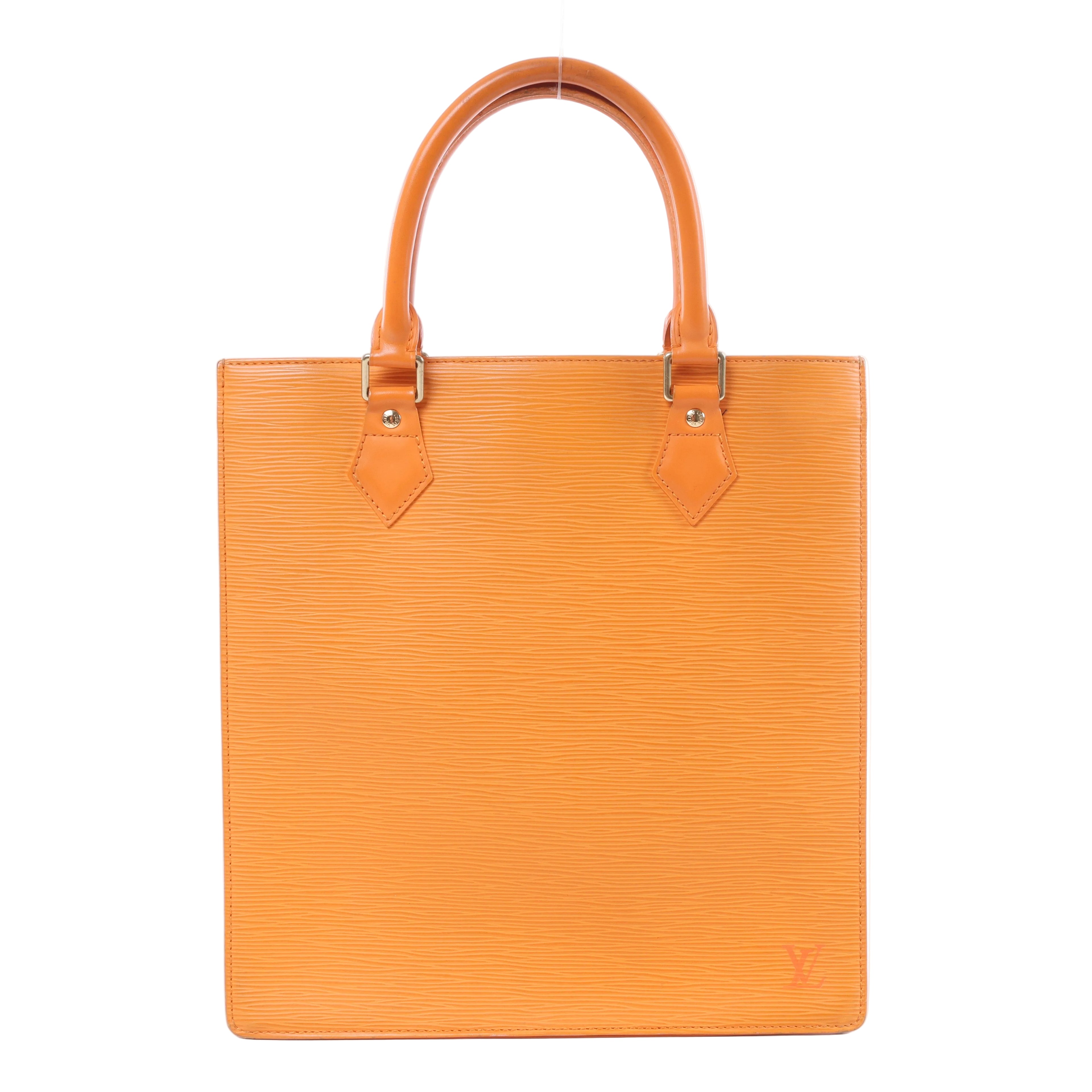 Louis Vuitton Sac Plat PM orange Epi leather handbag with structured rectangular shape, two top handles and gold-tone hardware.
