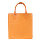 Louis Vuitton Sac Plat PM orange Epi leather handbag with structured rectangular shape, two top handles and gold-tone hardware.