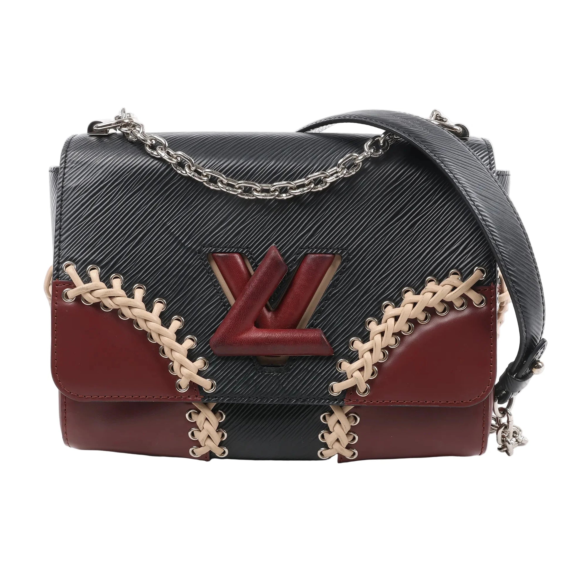 Front view of a Louis Vuitton Twist MM Shoulder Bag in black Epi leather (M42449), showcasing burgundy leather panels with beige lace-up detailing, a red LV twist-lock closure, and a silver-tone chain strap, displayed against a white background.