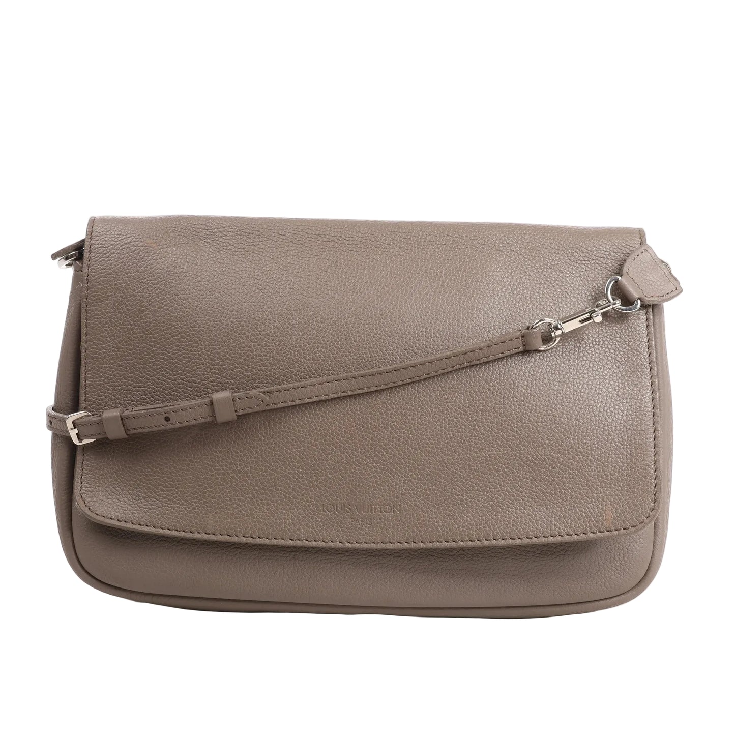 Louis Vuitton Essentiel Crossbody Bag M94446 in gray Taurillon Clemence leather featuring a flap closure, adjustable leather strap, and subtle Louis Vuitton embossing on the front of its soft, pebbled surface.