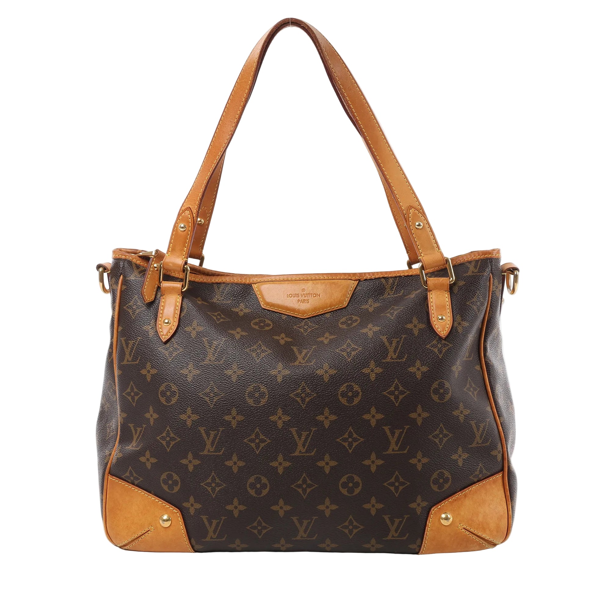 Louis Vuitton Monogram Canvas Estrela MM Shoulder Bag M41232 featuring classic brown Monogram canvas, tan vachetta leather trim and handles, gold-tone hardware, a roomy interior, and a structured yet soft silhouette with protective corner accents.