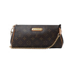 Front view of Louis Vuitton Eva bag in brown Monogram canvas with gold-tone chain strap, zip-top closure, tan leather trim, and gold Louis Vuitton nameplate.