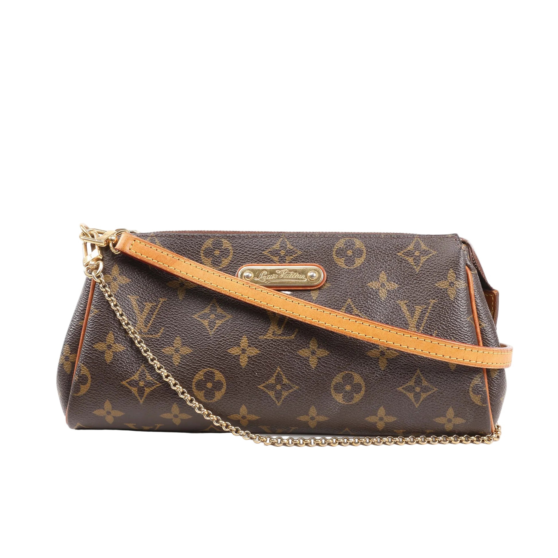 Louis Vuitton Eva Shoulder Bag M95567 in brown Monogram canvas with natural leather trim, gold-tone chain and zipper, and logo nameplate on a white background.
