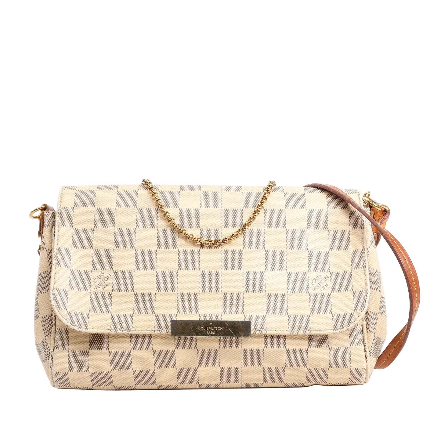 Louis Vuitton Favorite MM shoulder bag in beige Damier Azur canvas with a gold-tone chain handle, natural leather shoulder strap, and magnetic front flap closure.