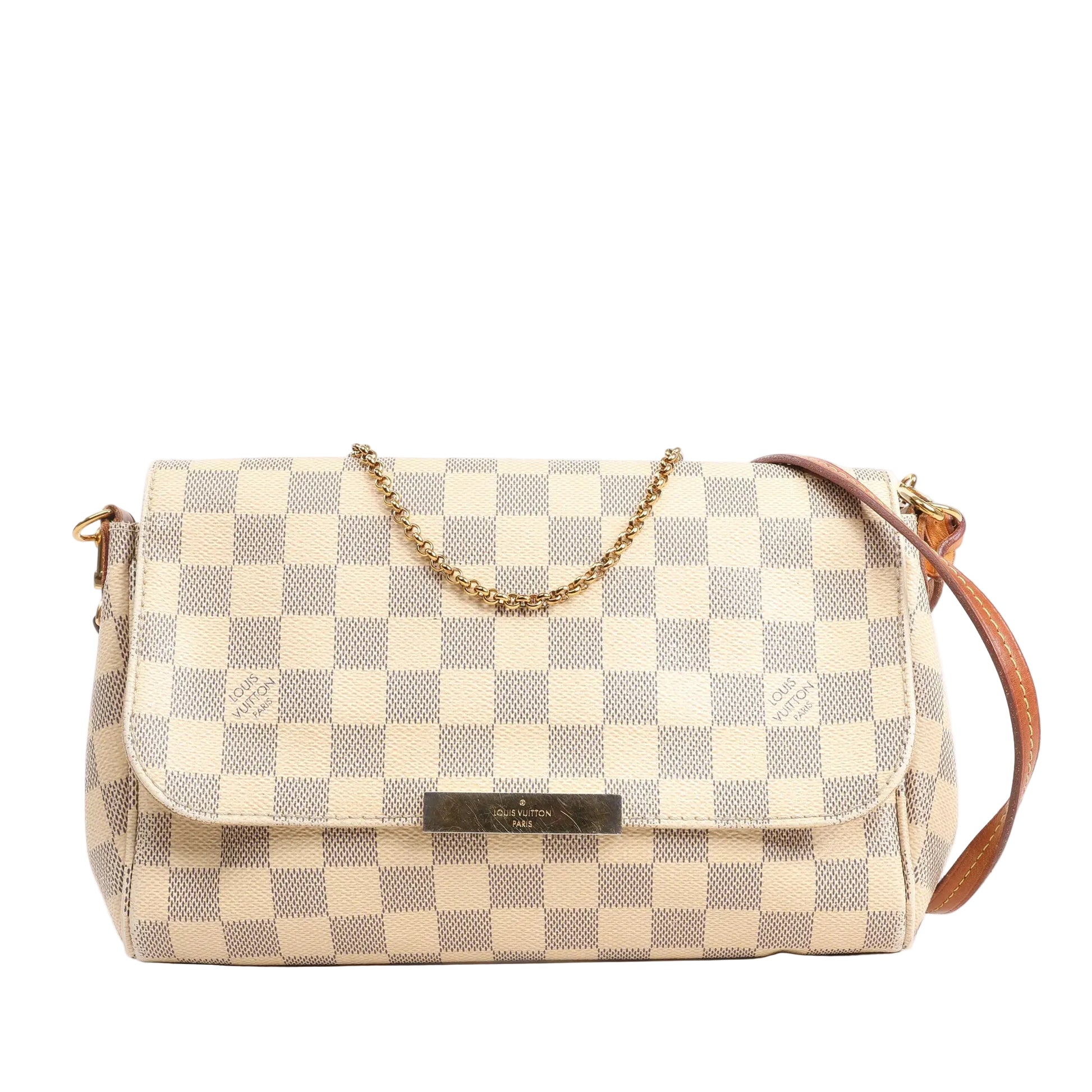Louis Vuitton Favorite MM shoulder bag in beige Damier Azur canvas with a gold-tone chain handle, natural leather shoulder strap, and magnetic front flap closure.
