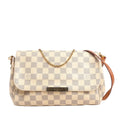 Louis Vuitton Favorite MM shoulder bag in beige Damier Azur canvas with a gold-tone chain handle, natural leather shoulder strap, and magnetic front flap closure.