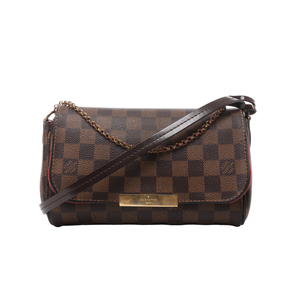 Brown Louis Vuitton Favorite PM Damier Ebene crossbody bag with dark leather strap, gold-tone chain and rectangular front logo plaque.