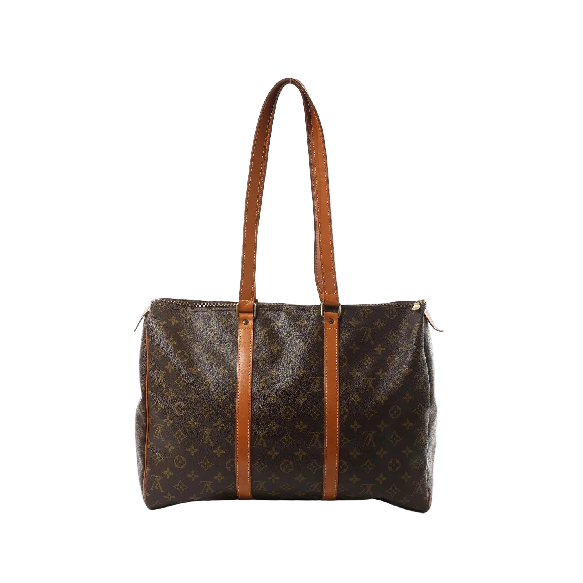 Louis Vuitton Flânerie 45 shoulder bag in brown Monogram canvas with long tan leather straps and zip-top closure on white background