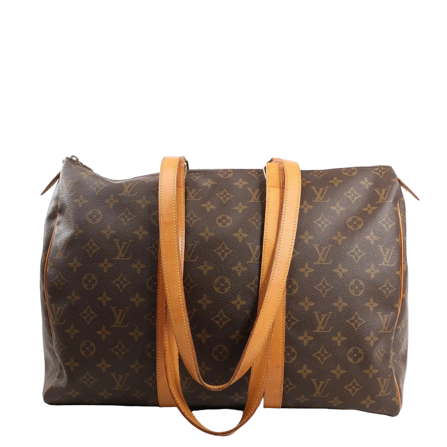 Louis Vuitton Flanerie 45 shoulder bag in brown Monogram canvas with dual natural leather shoulder straps and gold-tone hardware. Classic and spacious design.