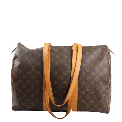 Louis Vuitton Flanerie 45 shoulder bag in brown Monogram canvas with dual natural leather shoulder straps and gold-tone hardware. Classic and spacious design.