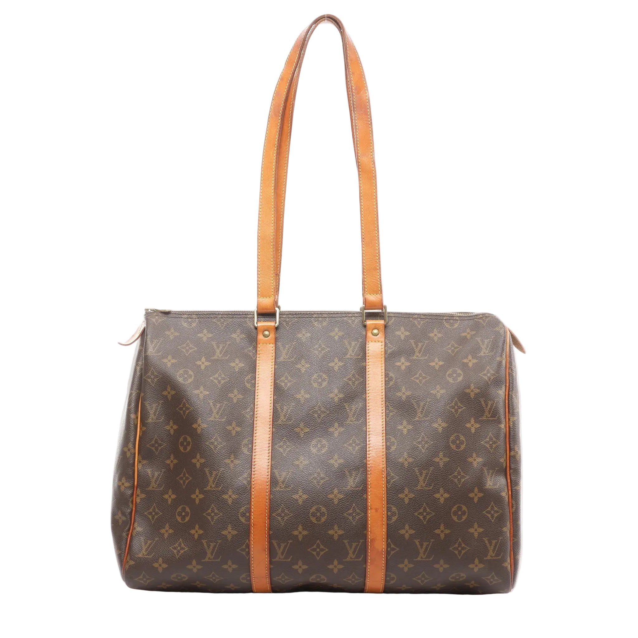 Louis Vuitton Flanerie 45 shoulder bag in brown Monogram coated canvas with natural cowhide leather straps and trim, gold-tone hardware, and zip top closure on a white background.
