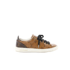Louis Vuitton Frontrow brown Monogram sneaker with black laces, leather trim, and white rubber sole with “Louis Vuitton” branding, side view on white background.