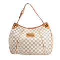 Louis Vuitton Galliera PM shoulder bag in beige Damier Azur canvas with natural leather trim, adjustable strap, gold-tone hardware, and a front nameplate.