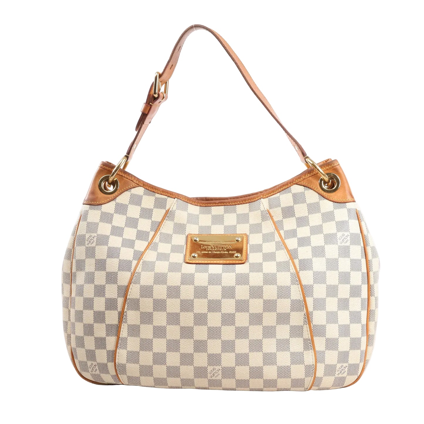 Louis Vuitton Galliera PM shoulder bag in beige Damier Azur canvas with natural leather trim, adjustable strap, gold-tone hardware, and a front nameplate.