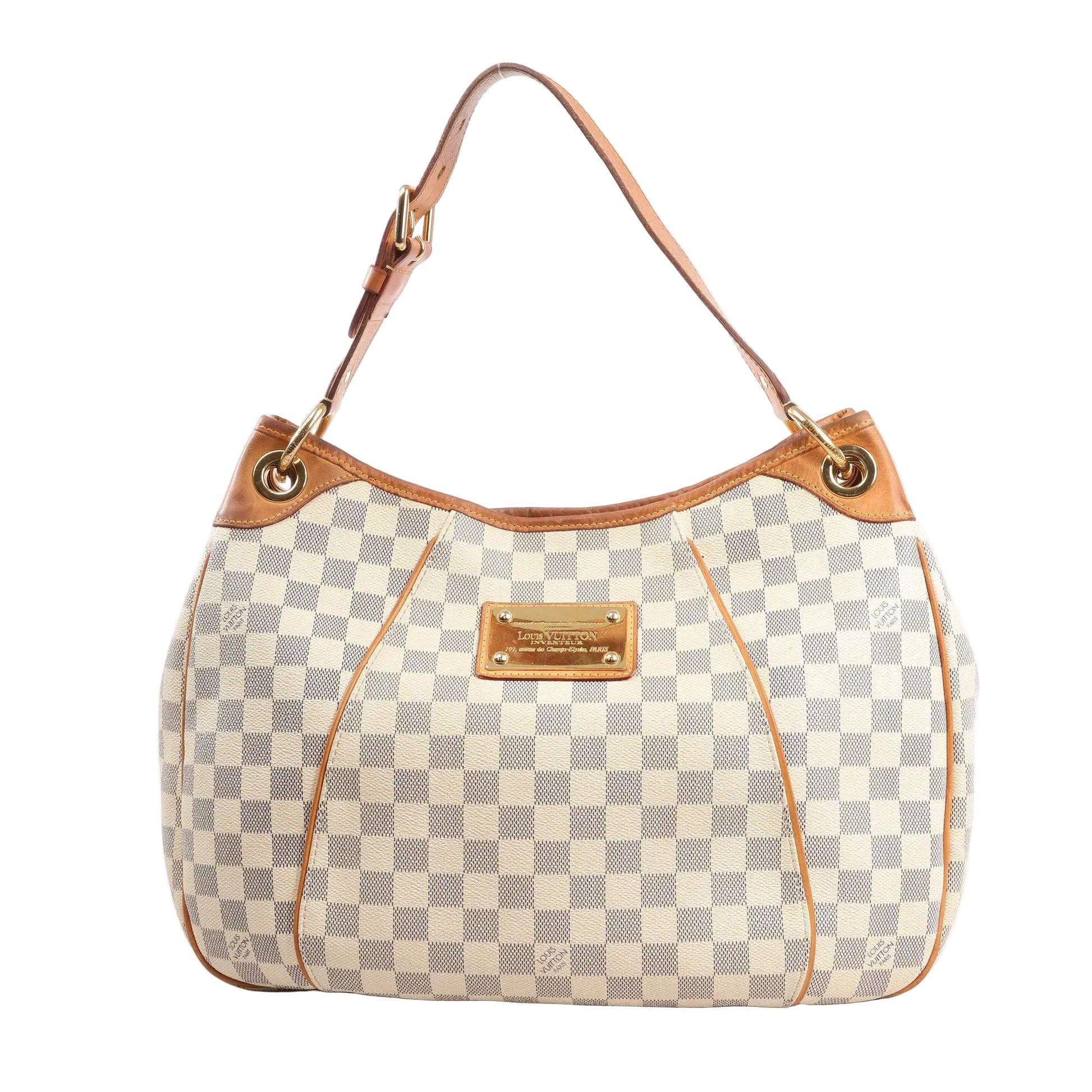 Louis Vuitton Galliera PM shoulder bag in beige Damier Azur canvas with natural leather trim, adjustable strap, gold-tone hardware, and a front nameplate.