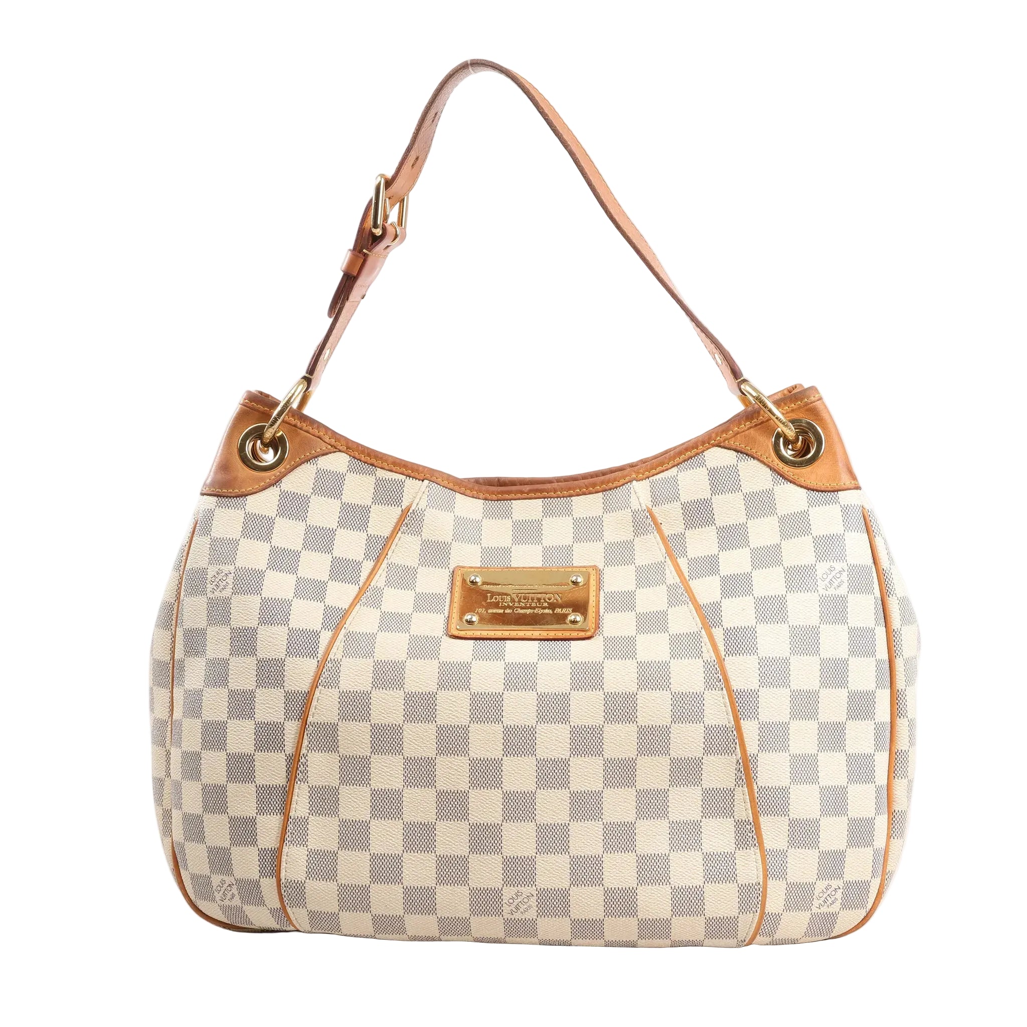Louis Vuitton Galliera PM shoulder bag in beige Damier Azur canvas with natural leather trim, adjustable strap, gold-tone hardware, and a front nameplate.