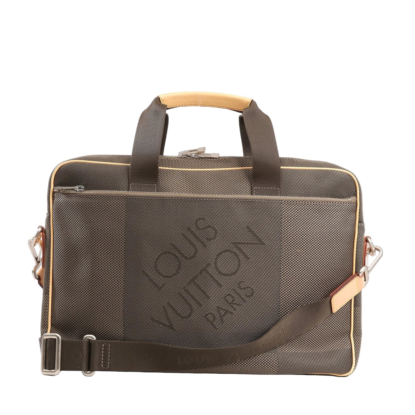 Louis Vuitton Associe GM 2Way handbag in Khaki Damier Geant canvas featuring top handles, adjustable shoulder strap, beige leather accents, and large embossed “LOUIS VUITTON PARIS” branding on the front.